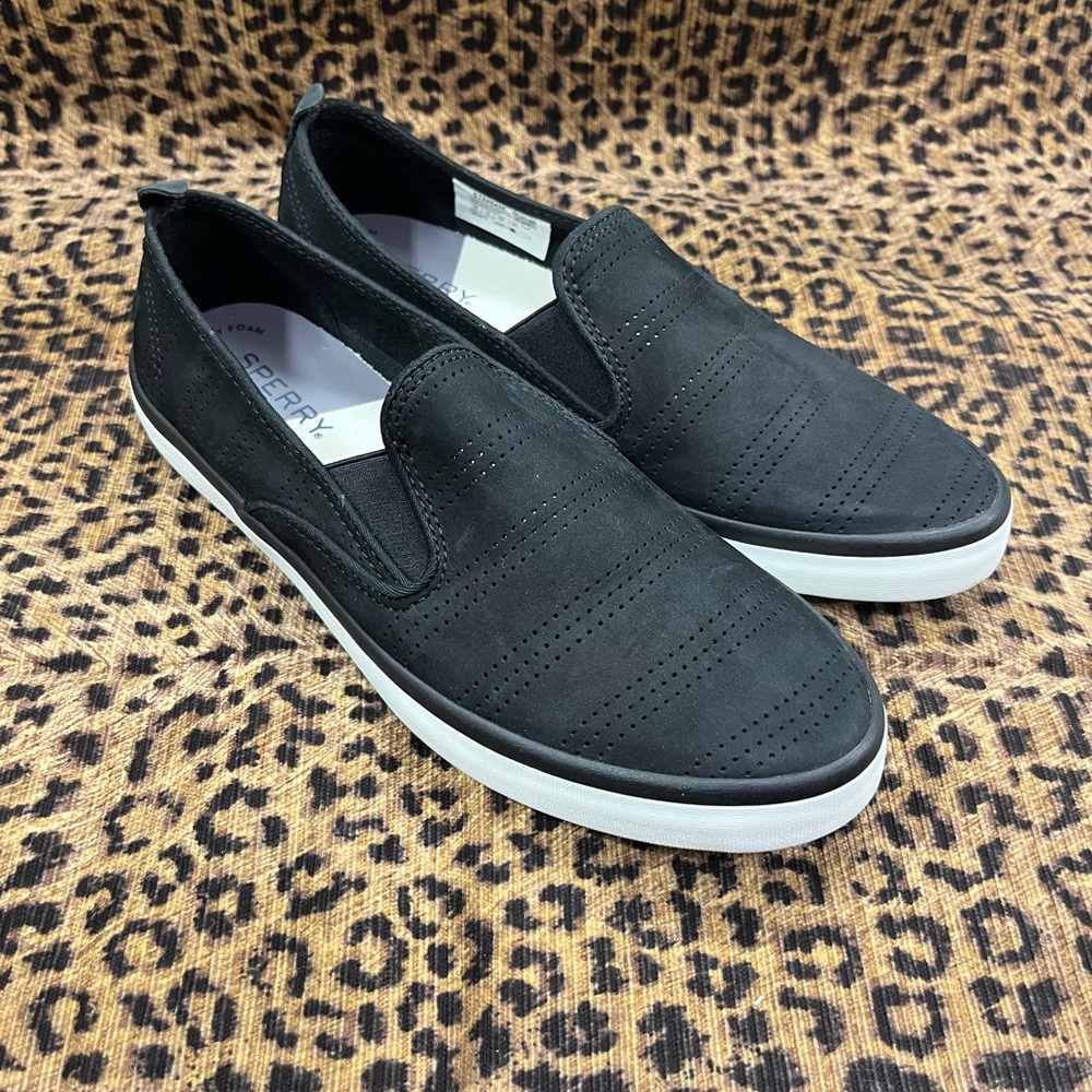 Sperry Women Sailor Twin Gore Blk Suede Slip on Shoe NWOT